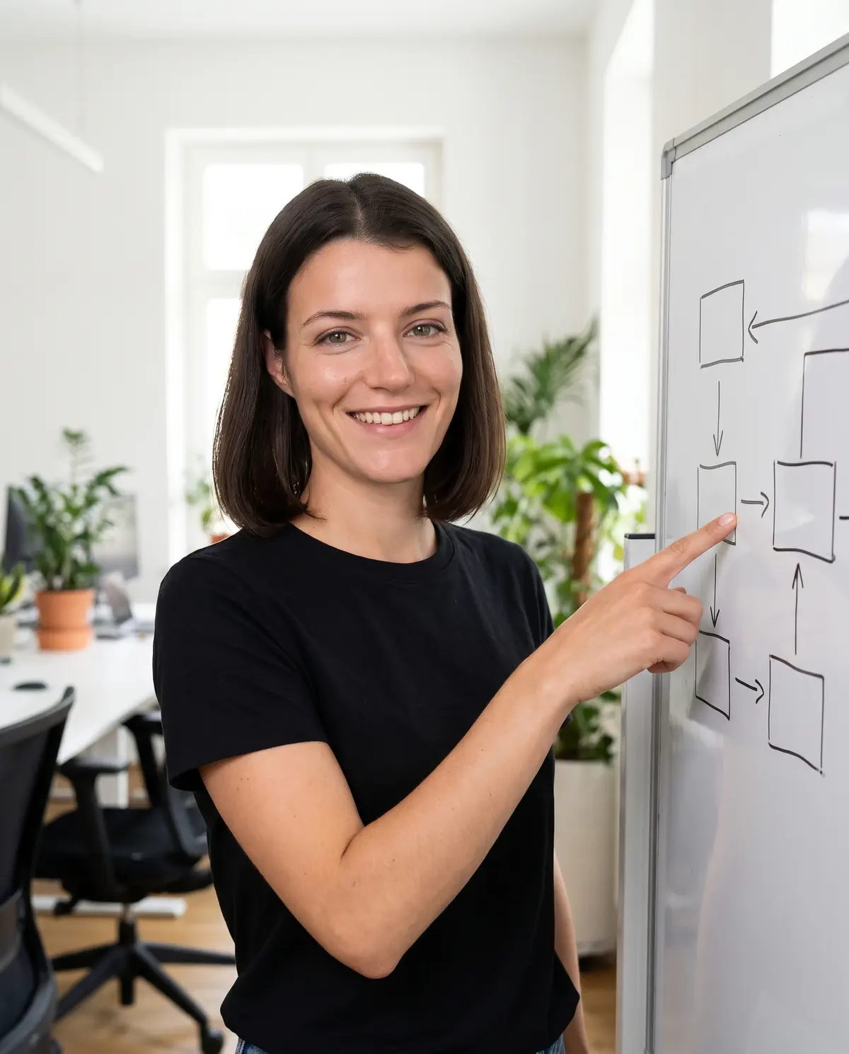 KI-generiertes Bild: Nova Tessin skizziert einen Workflow am Whiteboard